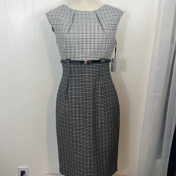 NWOT Calvin Klein Belted Houndstooth Sheath Dress Size 4 - Picture 1 of 13